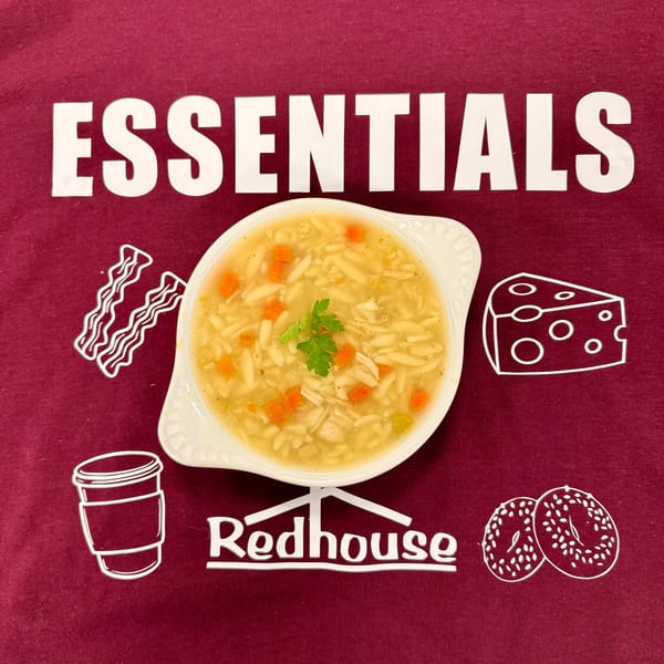 Chicken noodle soup with carrots and parsley, surrounded by Redhouse Bagels branding and food icons.
