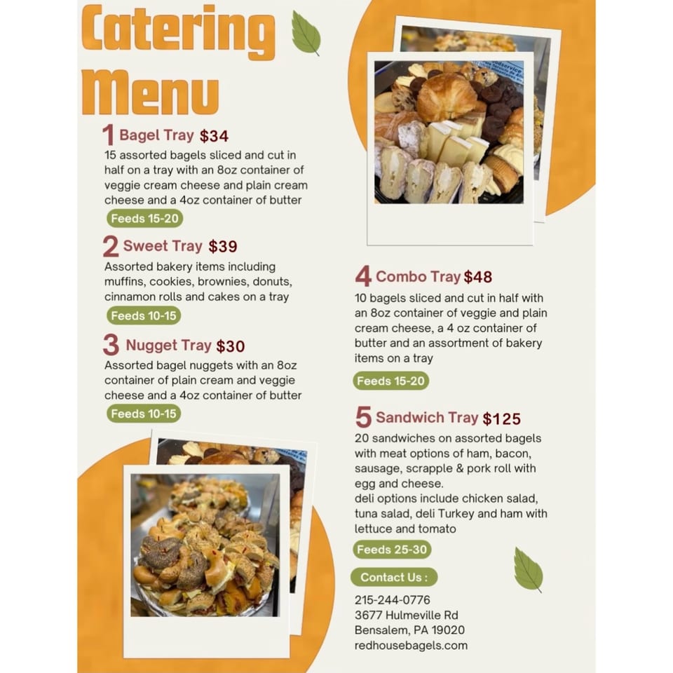 A catering menu for Redhouse Bagels Bensalem, featuring various bagel and bakery trays.