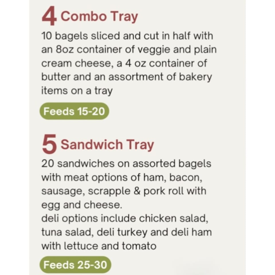 A menu displaying descriptions for a bagel combo tray and a sandwich tray from Redhouse Bagels Bensalem.